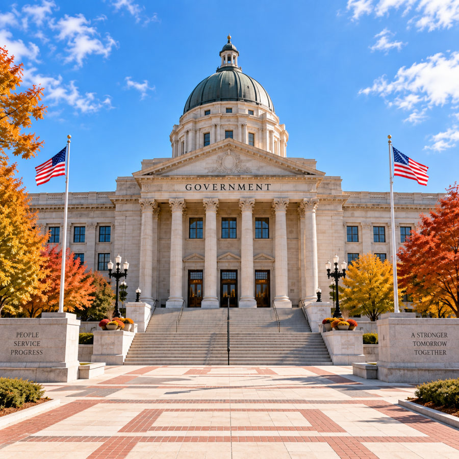 A civic building with a colonnade and flagpole