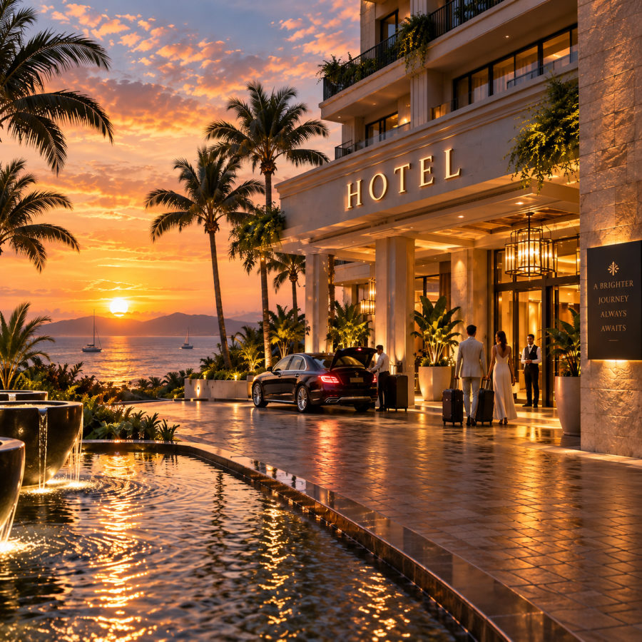 A hotel tower and porte-cochere at dusk