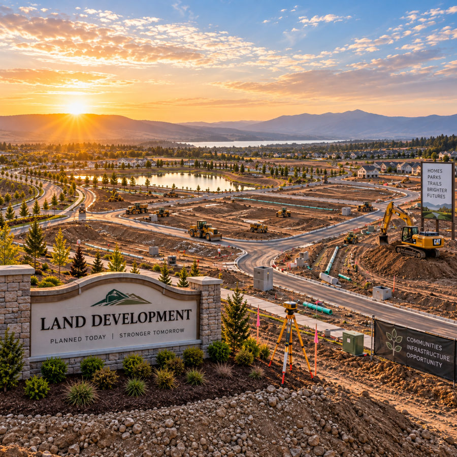A graded development site with survey stakes and a new road