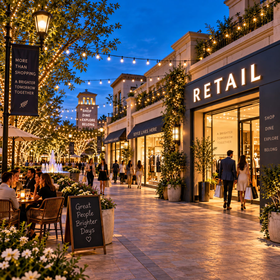 A retail storefront row with lit bays