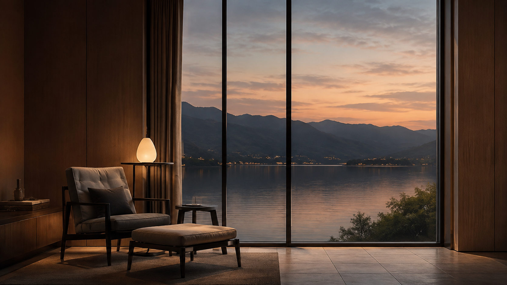 A quiet room with a wide window looking onto a lake and mountains