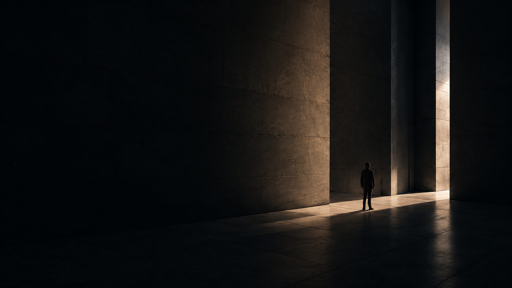 A figure standing in a light-filled stone hall