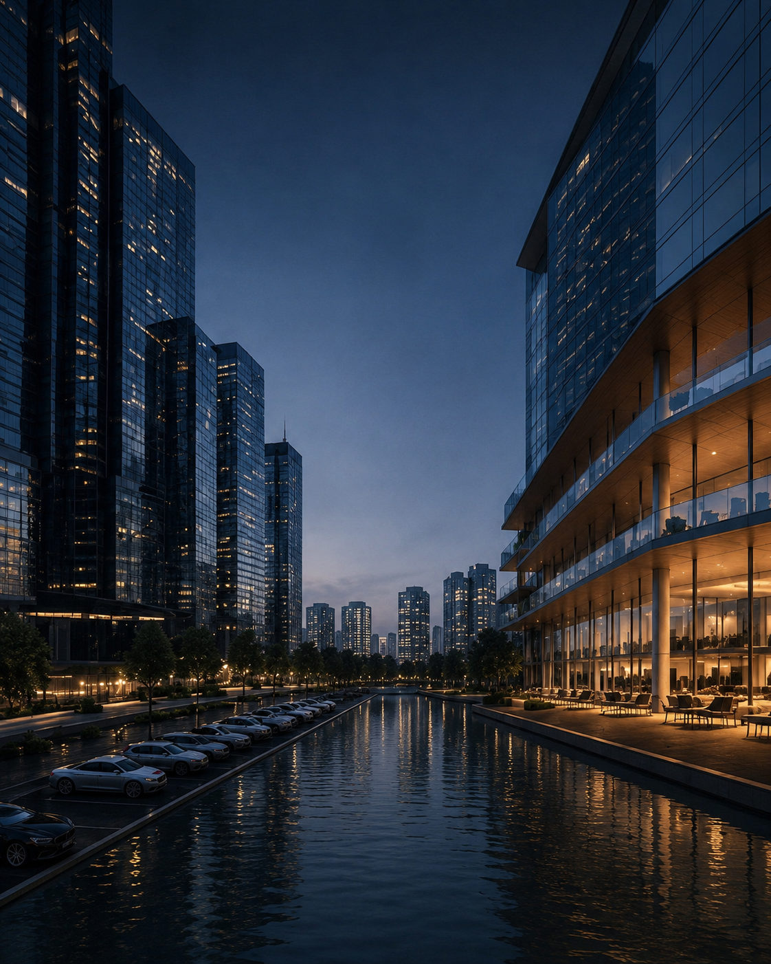Modern residential building lit at dusk